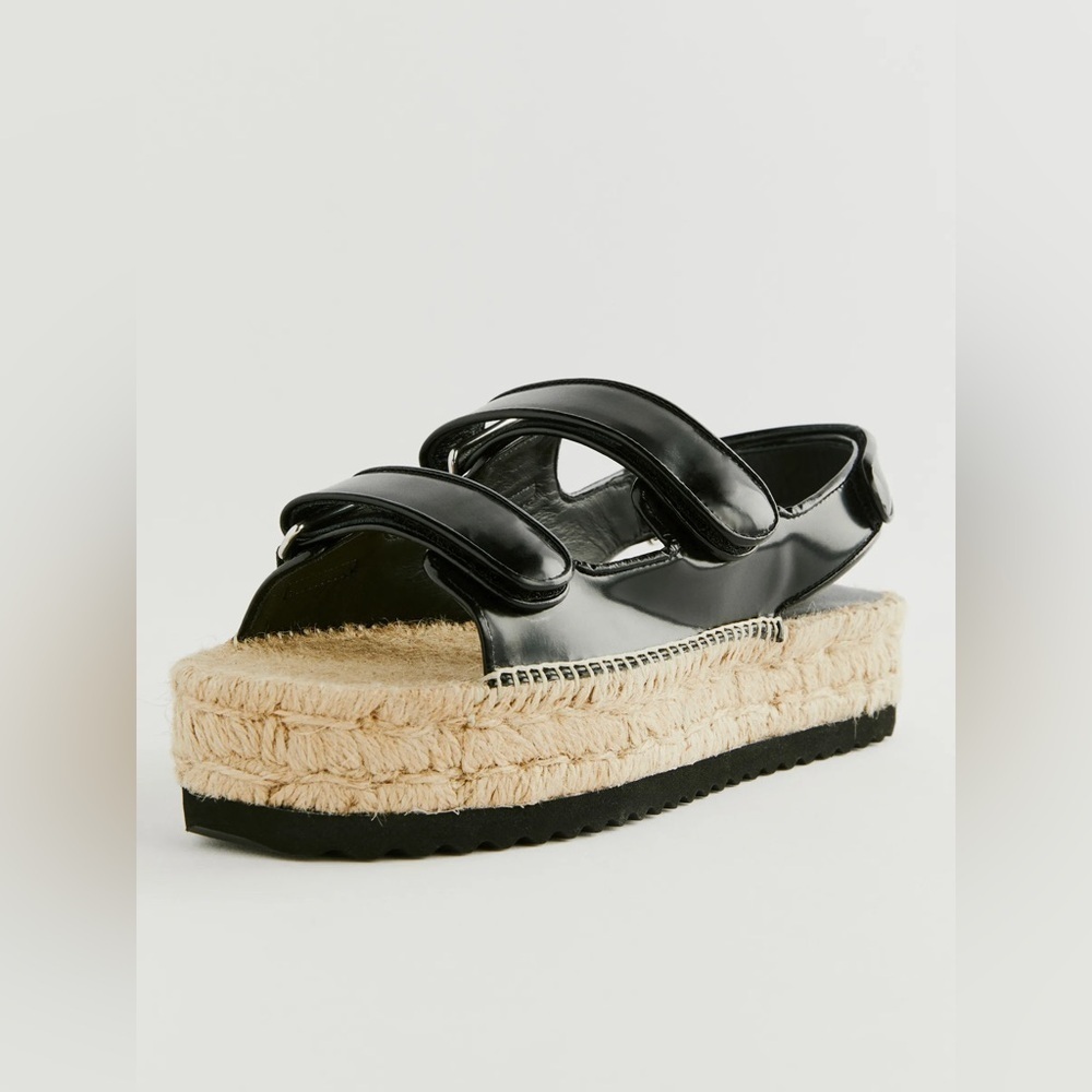 Reformation Trinity Platform Espadrille Sandals Black Patent Leather, Sz 9, New